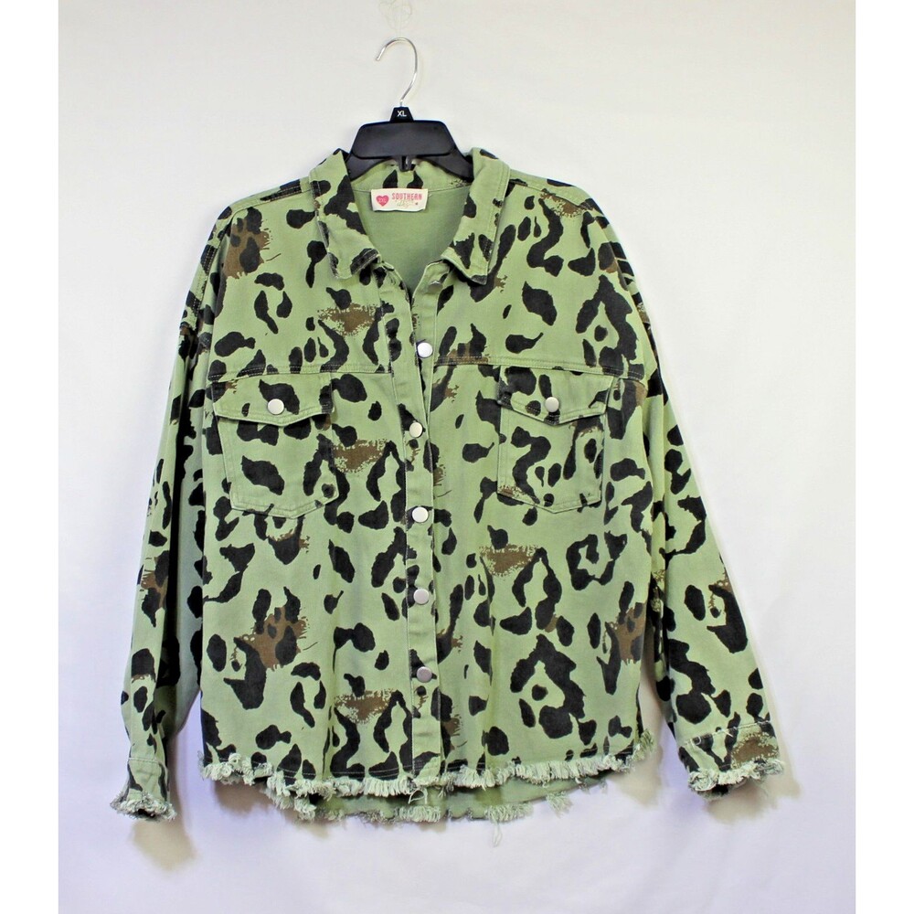 Southern Fried Chic 2XL Green Camo Jacket Cotton Blend Jacket Distressed